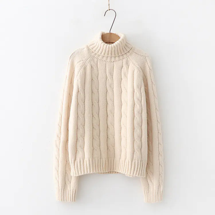 Women’s Turtleneck Cable Knit Sweater – Loose Pullover