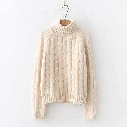 Women’s Turtleneck Cable Knit Sweater – Loose Pullover